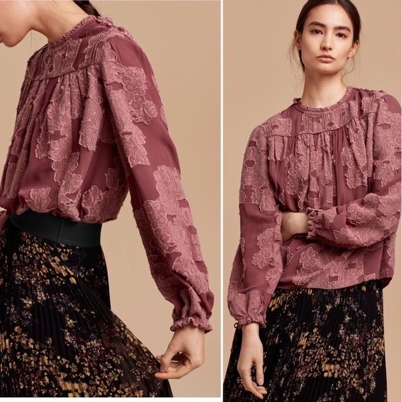 ARITZIA Wilfred Lourdes Mauve Pink Boho Victorian Floral Appliqué Swing Blouse - Picture 1 of 16